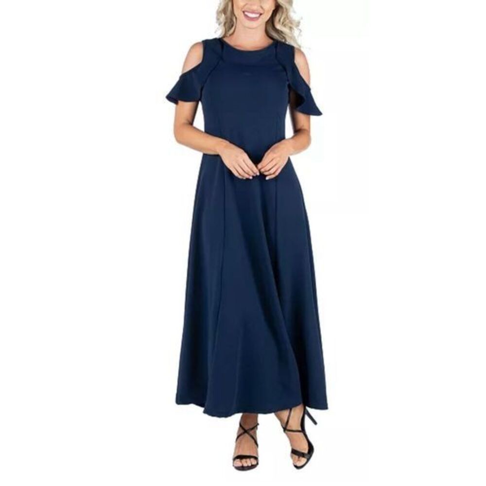 24seven Comfort Apparel Ruffle Cold Shoulder Maxi Dress, Formal Dress, in Navy W